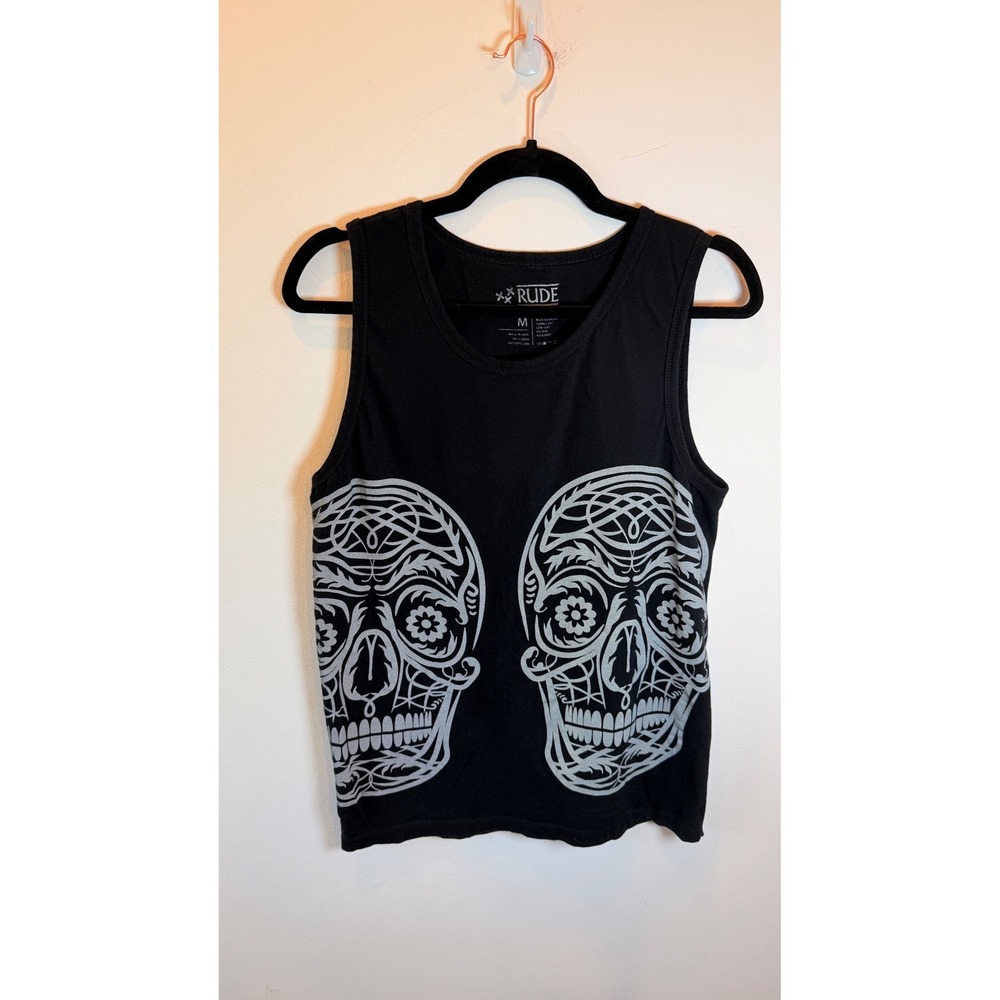RUDE Womens Medium Black Sugar Skull Graphic Tank Top Cotton Goth Emo Streetwear